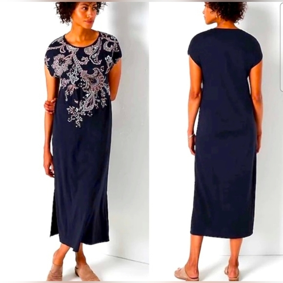 J. Jill Navy Embroidered Bohemian Floral Cotton Relaxed Midi Dress - Size Medium - Picture 15 of 15